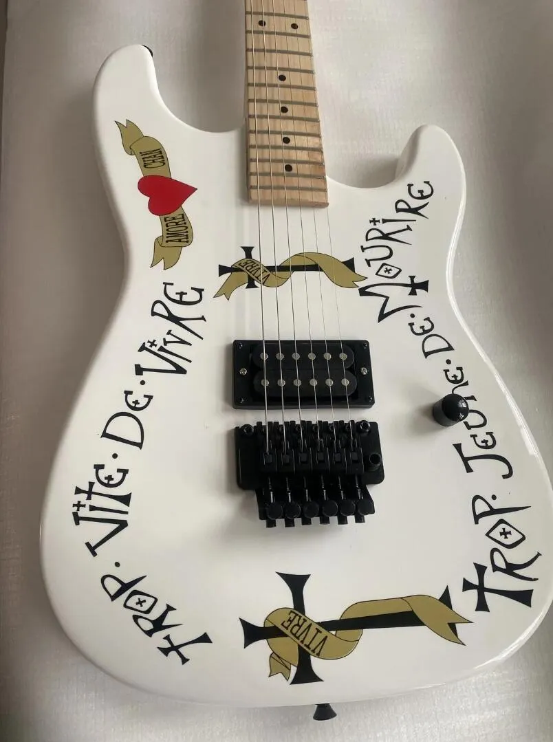 In Stock Charve Warren Demartinni Frenchie San Dimas White Electric Guitar Black Floyd Rose Tremolo Birdge H Bridge Pickup, Black Cover Available