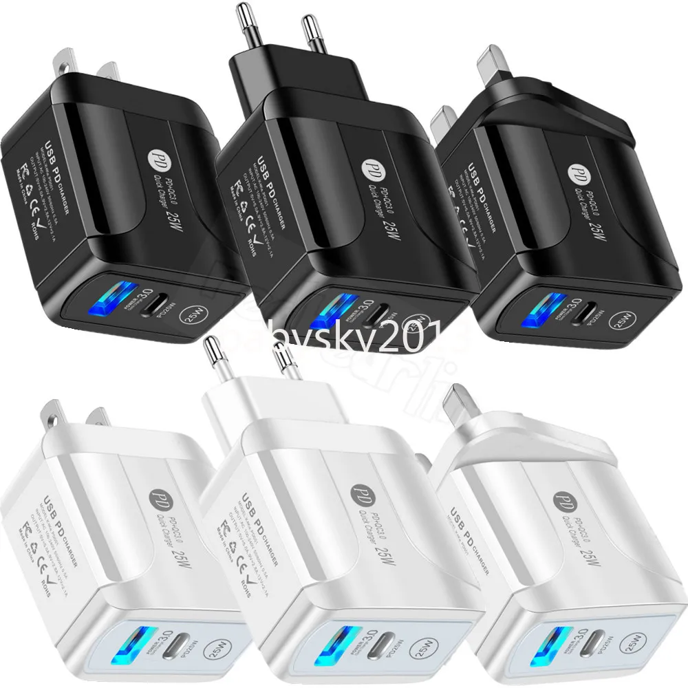 Schnelles Schnellladen PD USB C Wandladegerät 25W 18W 20W Eu US UK 2Ports QC3.0 Typ C Netzteile für iPhone X XR 12 13 14 Pro Max Samsung B1 PC MP3 mit Einzelhandelsverpackung