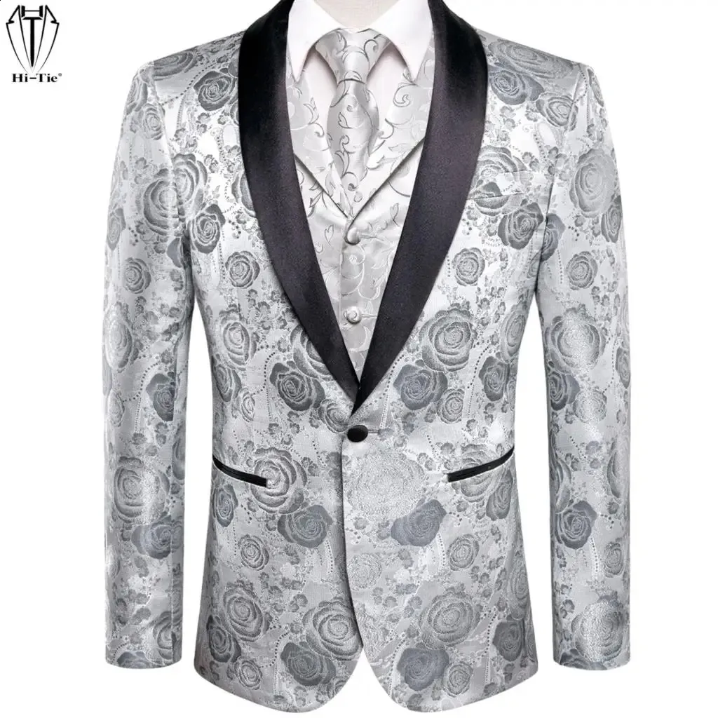 Abiti da uomo Blazer HiTie Grigio Argento Abito Gilet Scialle Bavero Giacca da smoking Abito Mezza Colletto Piatto Cravatta Polsini Fazzoletto Matrimonio Business 231110