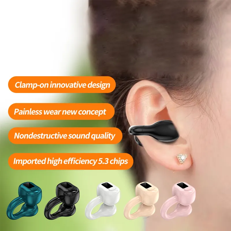 Enkelörklipp Bluetooth Earphones Clip Ear Painless Wearable Earrings Trådlösa hörlurar Batteri Display Mini Earbjudningar Sport