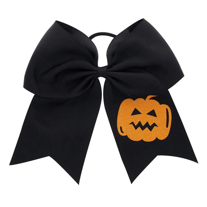 Hårtillbehör Halloween Cheer Big Bow Pumpkin Tryckt Elastiskt band Handgjorda cheerleading Hairbows Girls Party