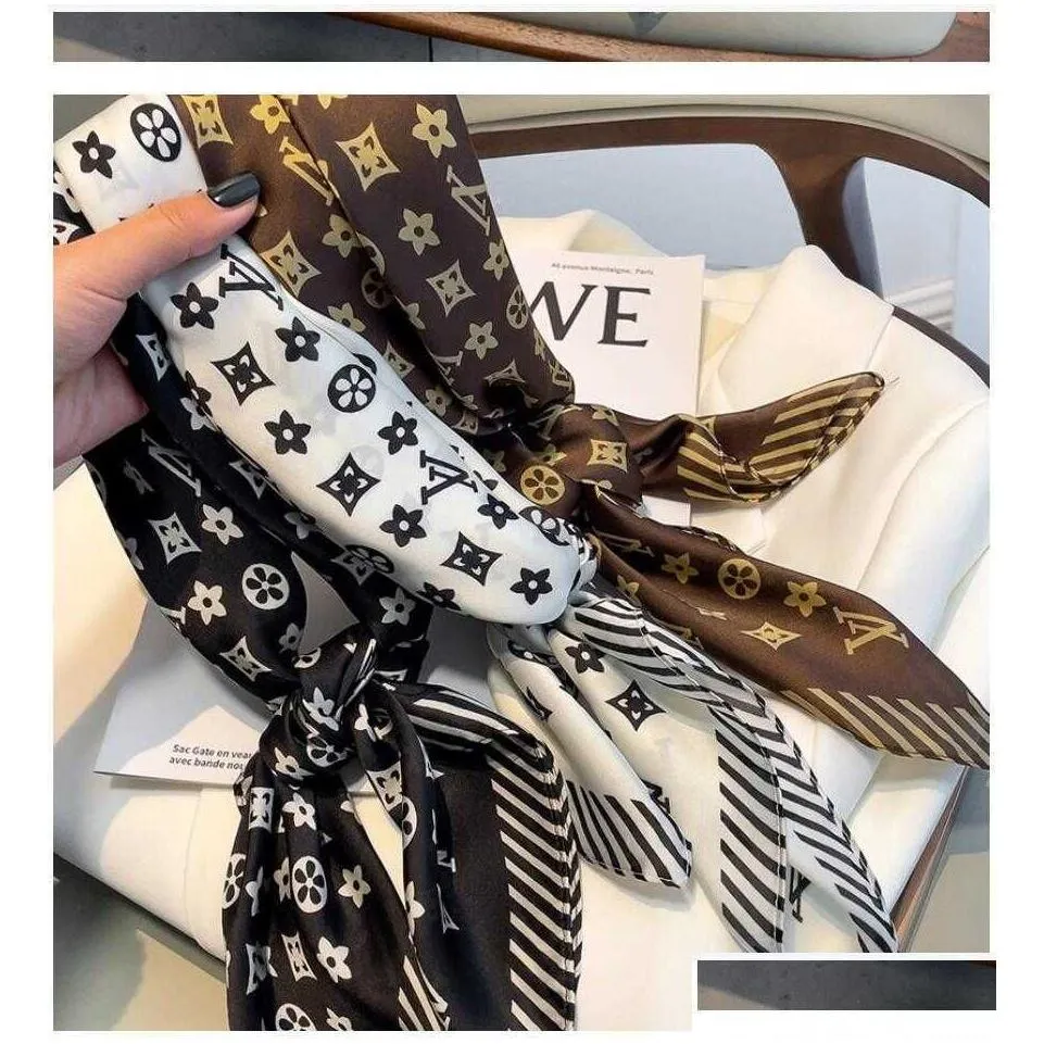 scarves designer letters print flower imitate silk scarf headband for women fashion long handle bag scarves paris shoulder tote luggage ribbon