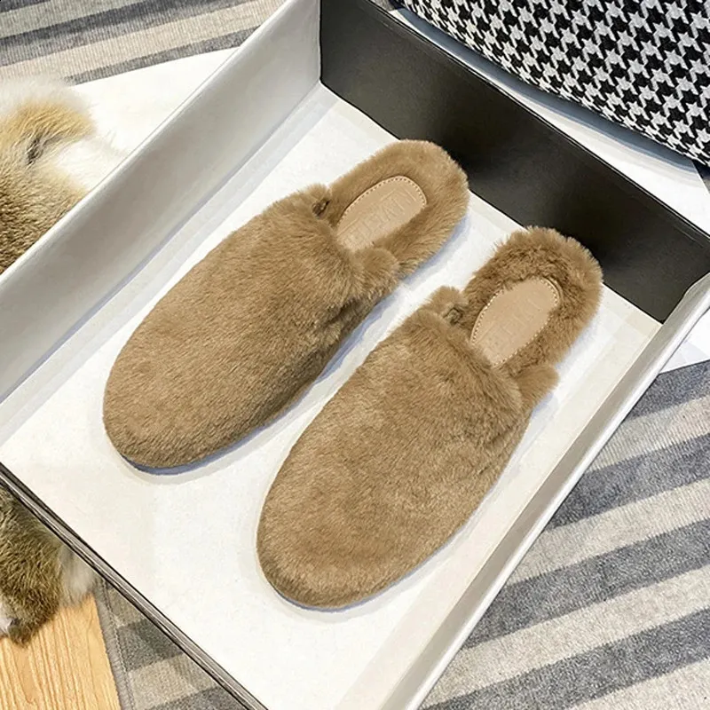 Pantoufles Lisse fausse fourrure pantoufles femmes maison chaussures de plein air hiver blanc laine diapositives moelleux lapin/vison cheveux Mules chambre Pantuflas Mujer 231110