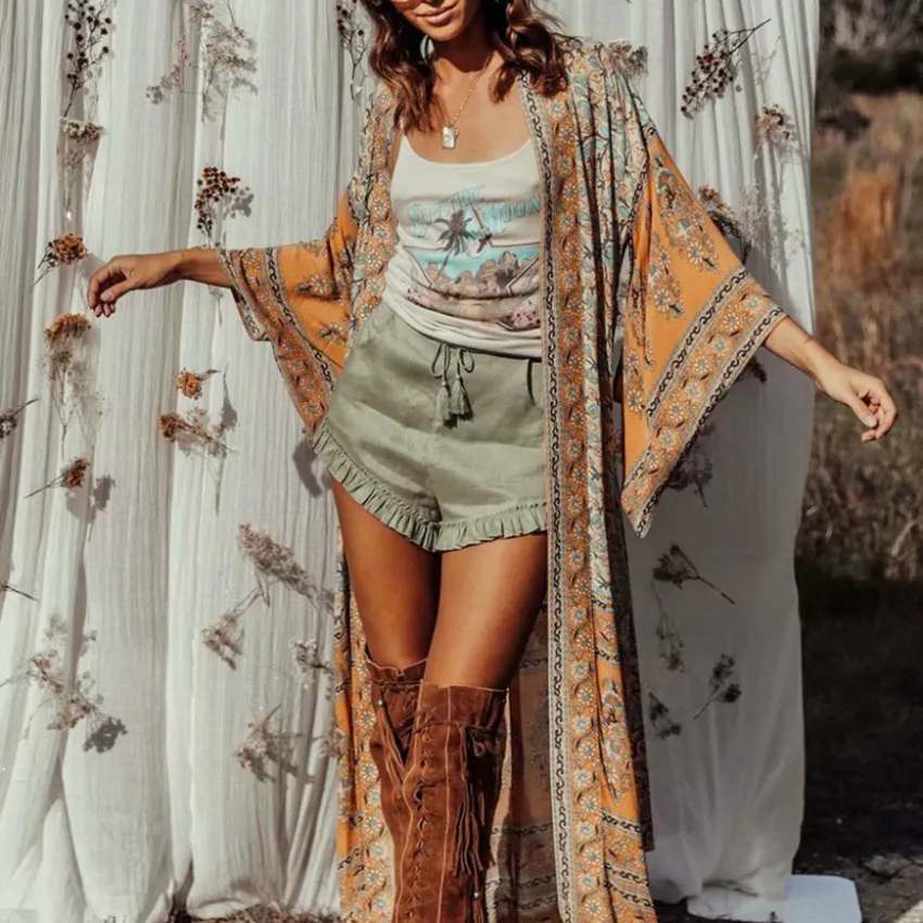 Casual Jurken Happie Queens Vrouwen Bloemenprint Vleermuis Mouw Strand Bohemian Jurken Kimono Dames V-hals Zomer Bikini Cover-ups