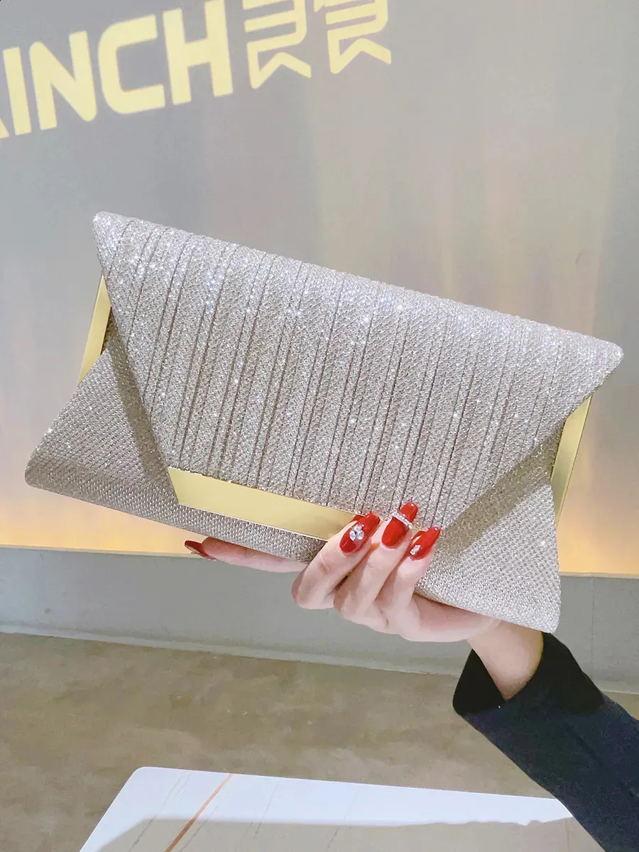Evening Bags Glitter Clutch Shiny Evening Bags For Women Formal Bridal Wedding Clutch Purse Prom Cocktail Party Rose Gold Envelope Chain Bag 231110
