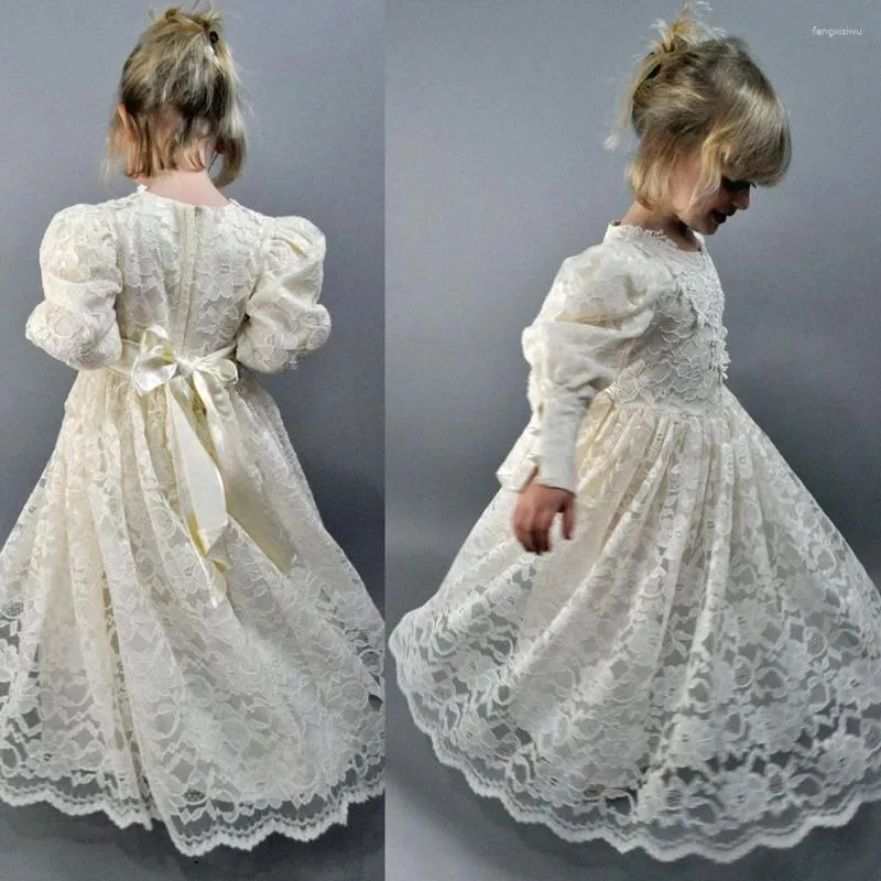 Girl Dresses White Lace Simple Flower Dress For Wedding Puffy Full Sleeves Kids Birthday Floor Length First Comnunion Gowns