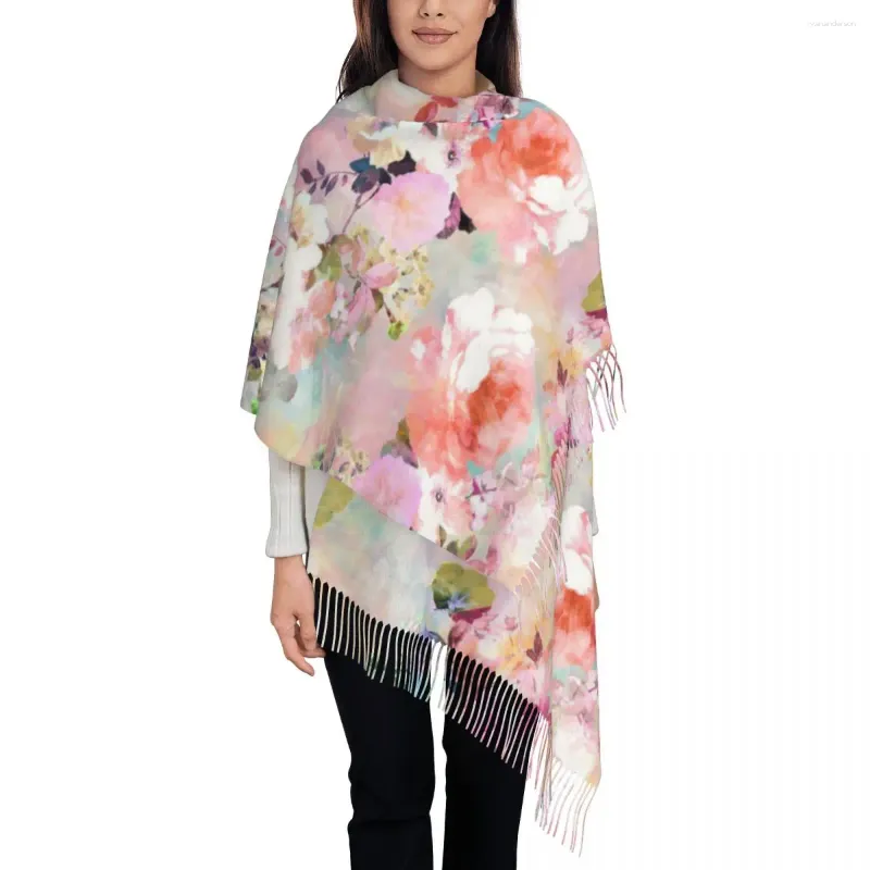 Scarves Romantic Pink Teal Watercolor Scarf Womens Winter Cashmere Shawls Wrap Flowers Chic Floral Long Large With Tassel Ladies