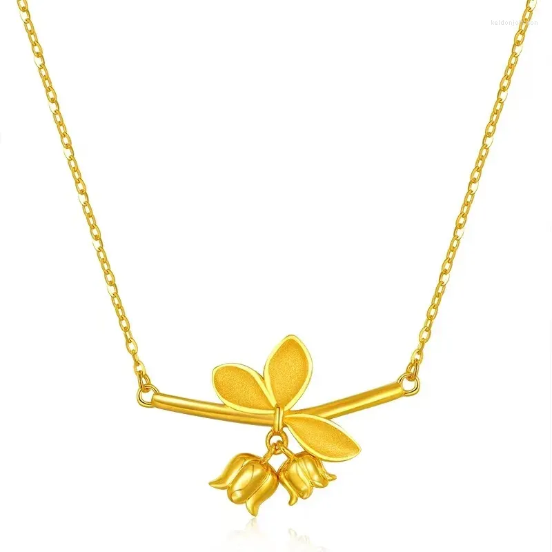 Pendants Fashion Real 24k Pure Gold Color Frosting Orchid Integrated Chain Bone Pendant Necklace For Women Bride Fine Jewelry Gifts