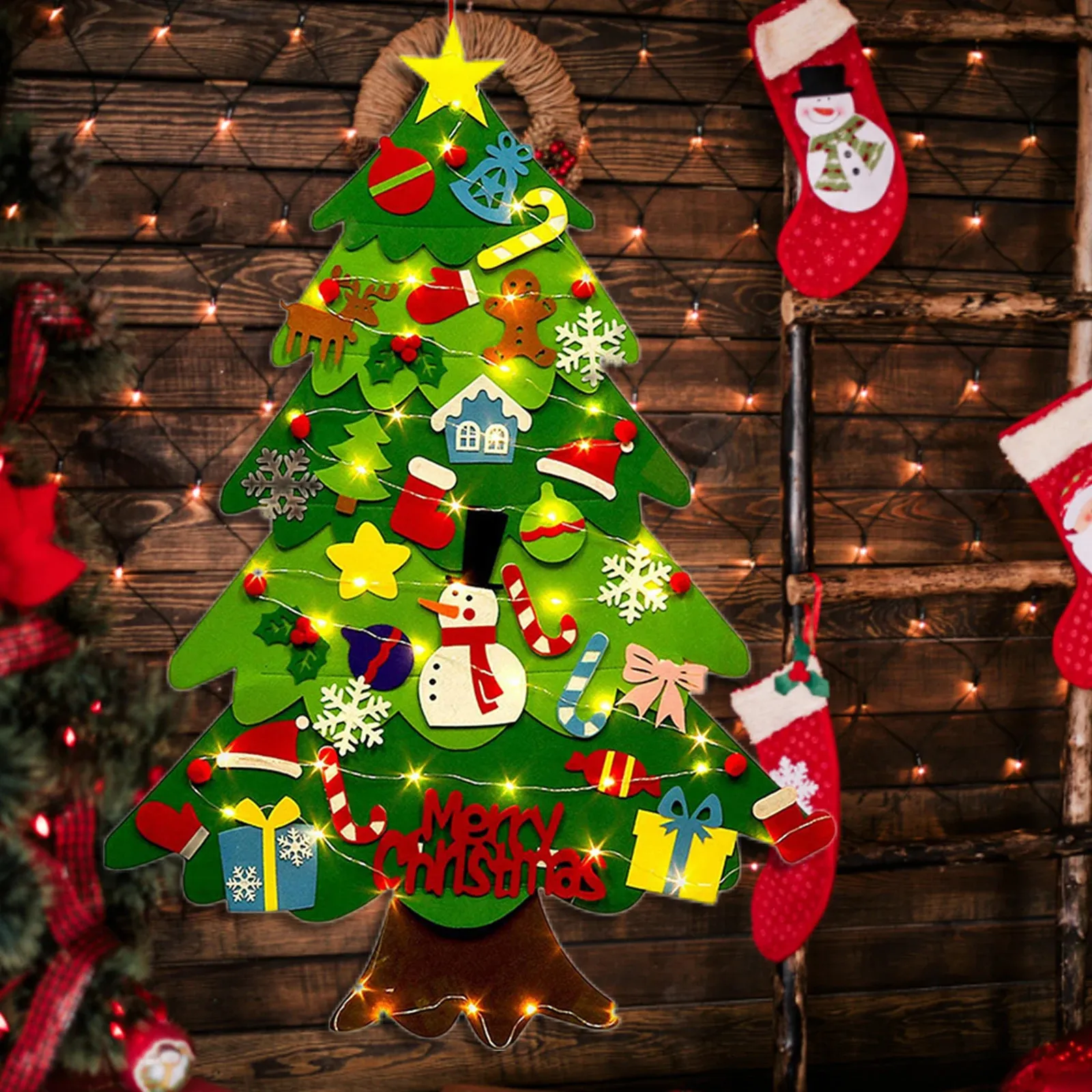 クリスマスの装飾は、32個の取り外し可能な装飾品を備えた洗練されたDIYフェルトツリーストリングライトホリデーパーティー装飾木の供給231110