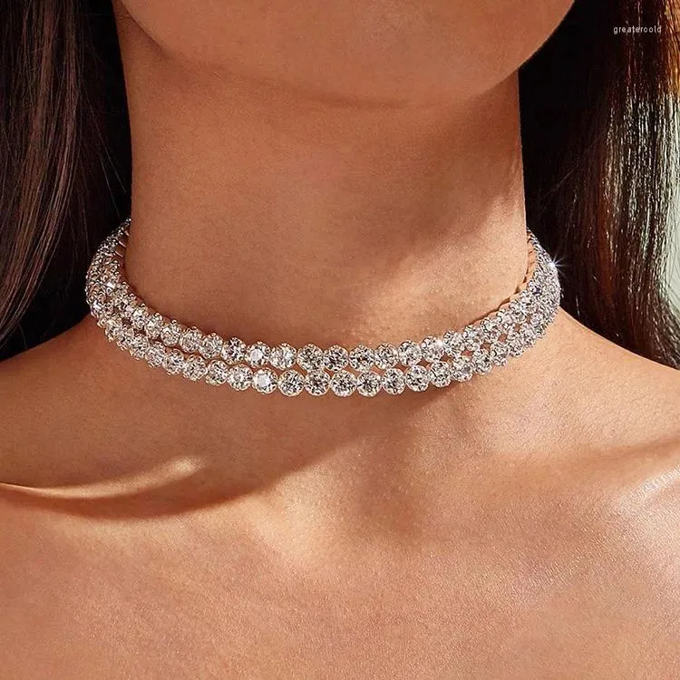 Choker Necklace Luxury Double layer Rhinestone Round Crystal Wedding Jewelry
