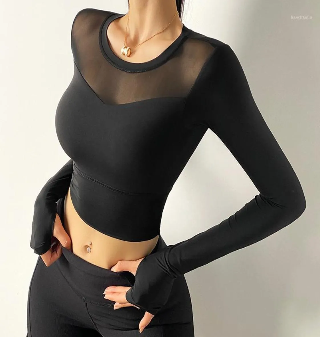 Сексуальные женские сетчатые спортивные рубашки, однотонные высокоэластичные спортивные топы для йоги, дышащие футболки с длинными рукавами для бега12571802
