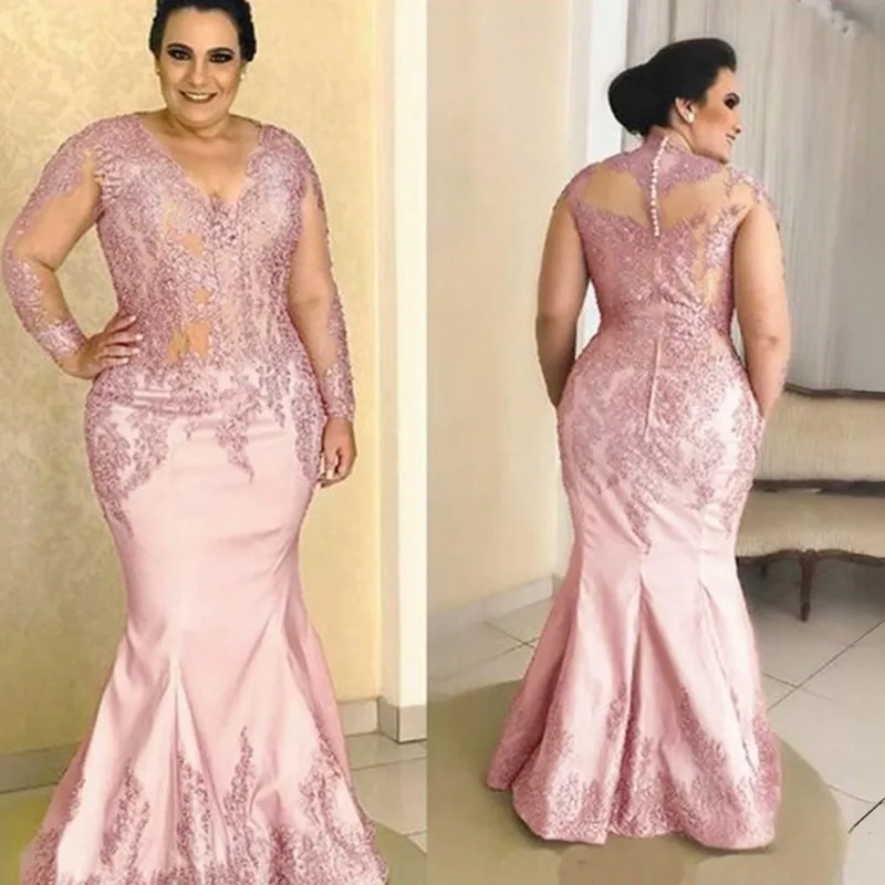 Plus Size Rosa Nigéria Mãe da Noiva Vestidos de Mangas Compridas Elegante Vestido de Mãe Renda Appliqued Sereia Vestidos de Baile Festa Clube Vestido