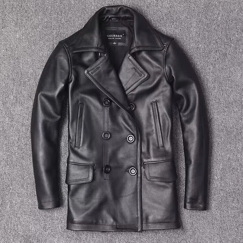 Genuine leather jacket for men windbreaker classic coat motorcycle biker jackets black overcoat plus size
