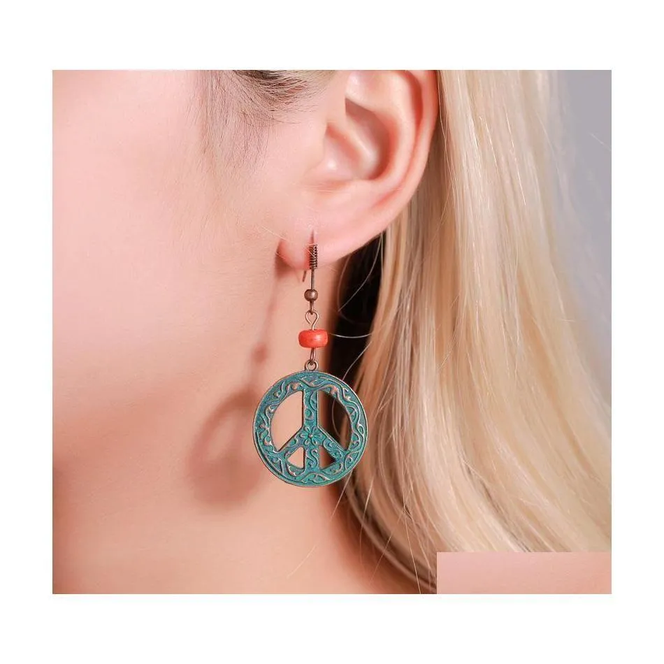 다수의 샹들리에 패션 보석 고대 청동 패턴 Circar Hollow Out Earring Retro Peace Sign 펜던트 귀걸이 드롭 배달 dhmfy