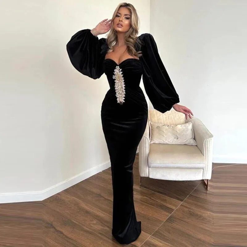 Vintage Black Velvet Off-Shoulder Evening Gown Blush Ruffled Puff Sleeves Mermaid Prom Dress DP7765