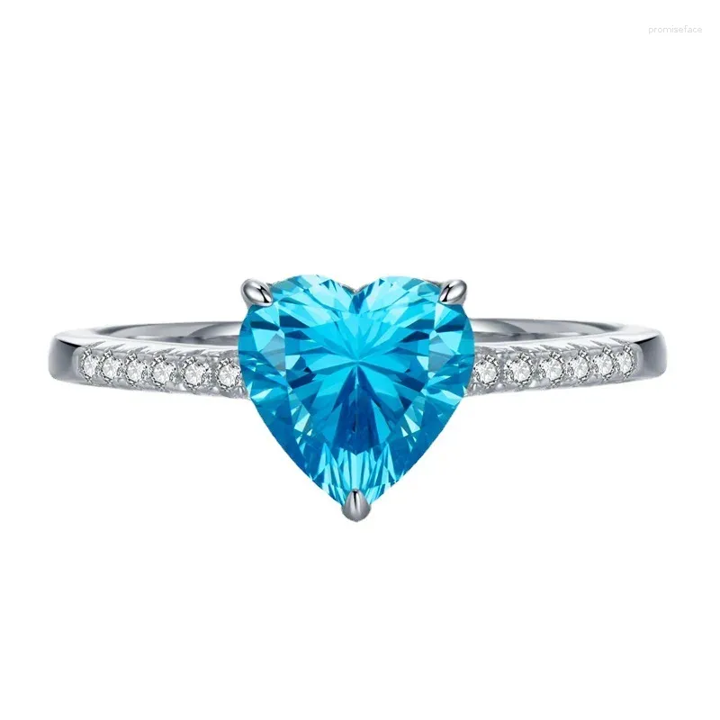 Cluster Anéis Loja 2023 925 Prata Coração 8 Diamante Mar Azul Tesouro Anel Casamento