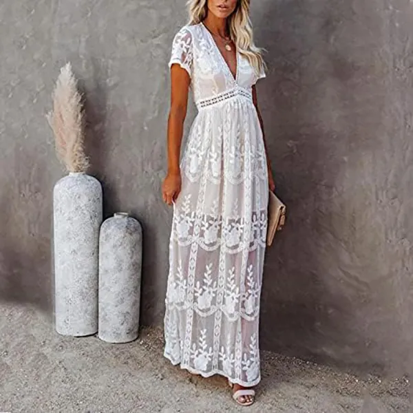 Floral Lace Short Sleeve Maxi Tulle Wedding Dress for Bridesmaids and  Parties