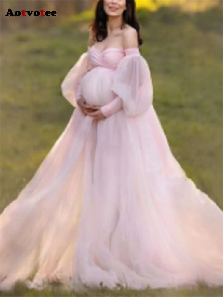 퍼프 슬리브 맥시 여성 패션에서 어깨 슬래시 넥 드레스 캐주얼 출산 의류 드레스