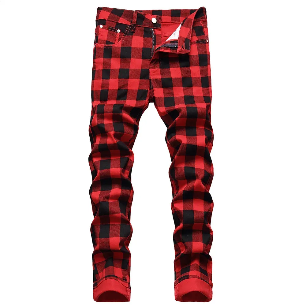 Herenjeans Heren Rode Plaid Bedrukte Broek Mode Slanke Stretch Jeans Trendy Grote Maat Rechte Broek 231109