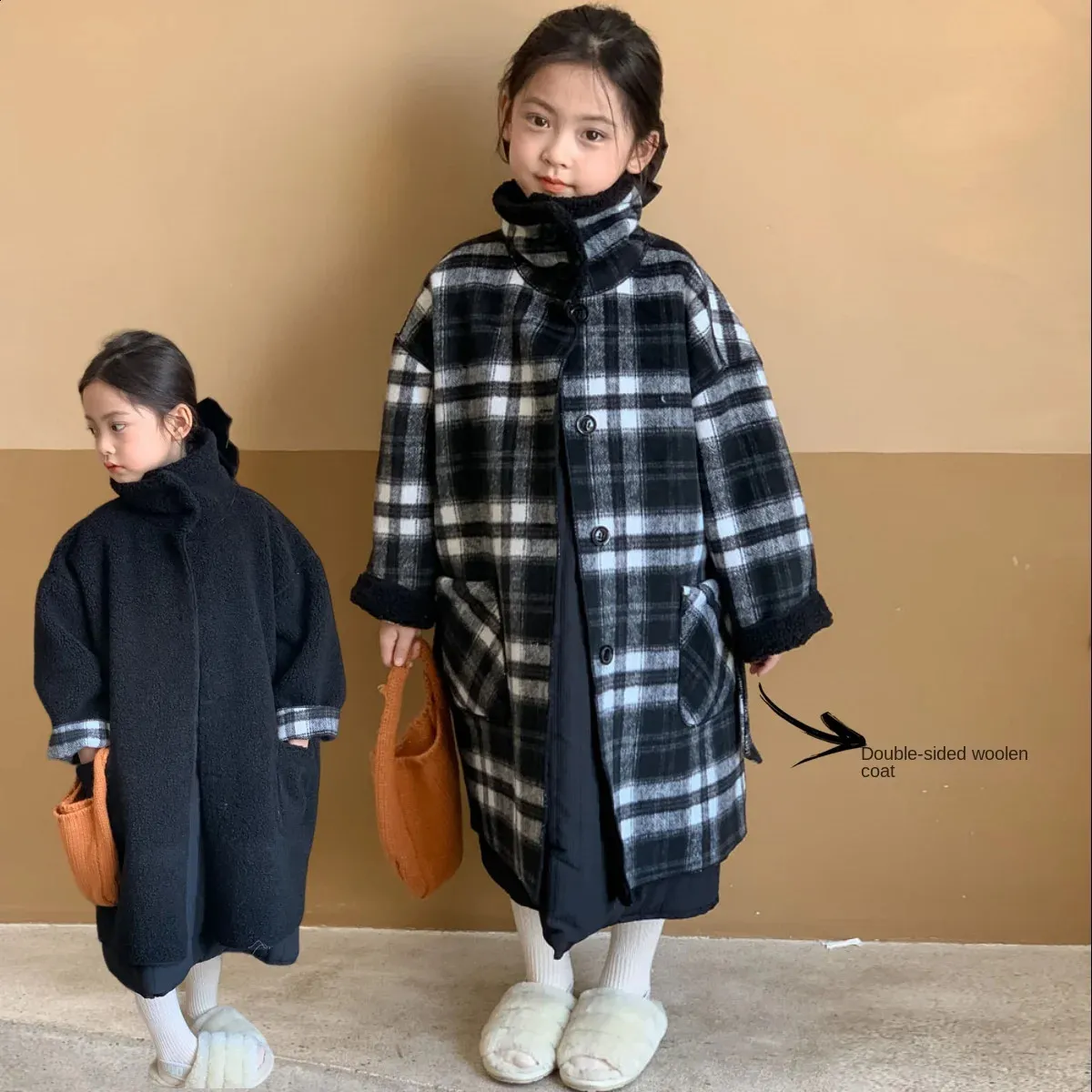 Пальто для девочек, двустороннее шерстяное пальто в сетку, коллекция 2023 г., зимняя детская теплая длинная одежда для малышей, куртка для девочек 231109
