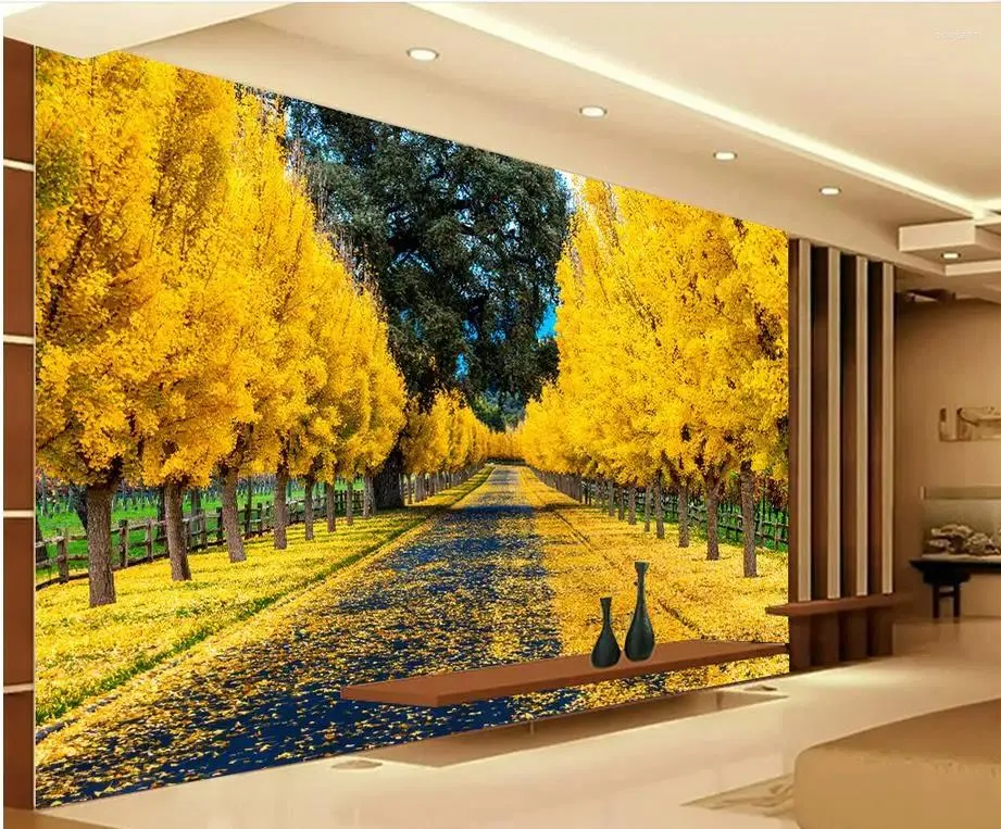 Wallpapers decoração de casa parede mural po papel de parede avenida dourada paisagem para paredes decoração