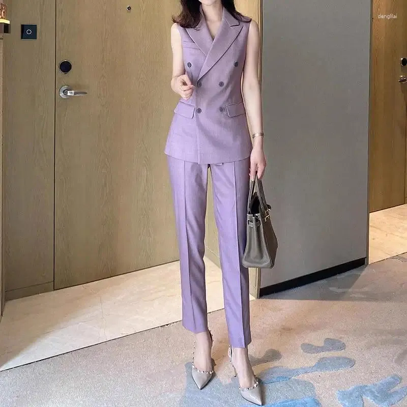 Robes de travail parfumées Taro violet gilet sans manches costume lieu de travail femmes banlieue coupe ajustée petit pied pantalon ensemble