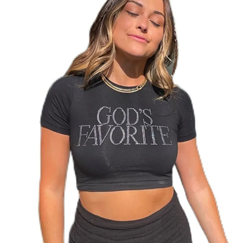 Women's TShirt Womens Gods Favorite Funny Letter Printed Navel Harajuku Short Sleeve ONeck Glitter s Skinny Crop Top 230410