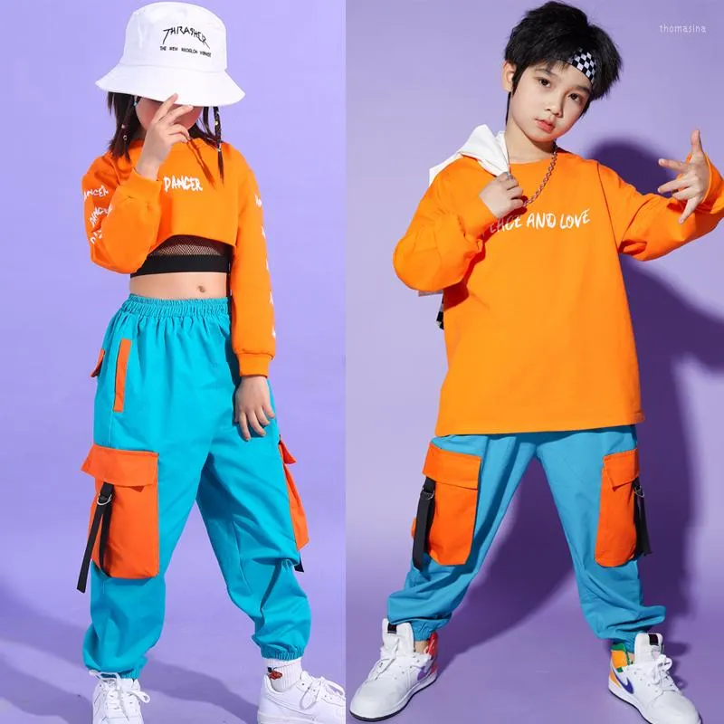 Stage Wear 2023 Hip Hop Dance Costumes Kids Orange Crop Tops Cargo Pants Kpop Outfits For Girls Jazz Performance Festival Clothes DQS10617