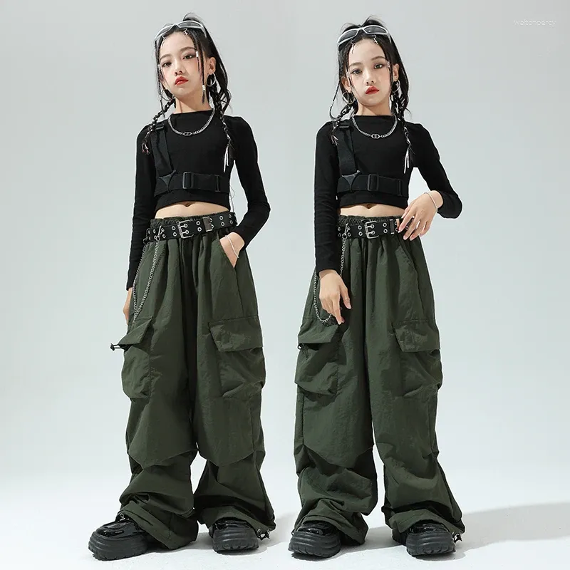 Bühnenkleidung Kinder Street Dance Kleidung Mädchen Hip Hop Kostüm Lange Ärmel Tops Taschen Hosen Modern Jazz Performance Kpop BL11624