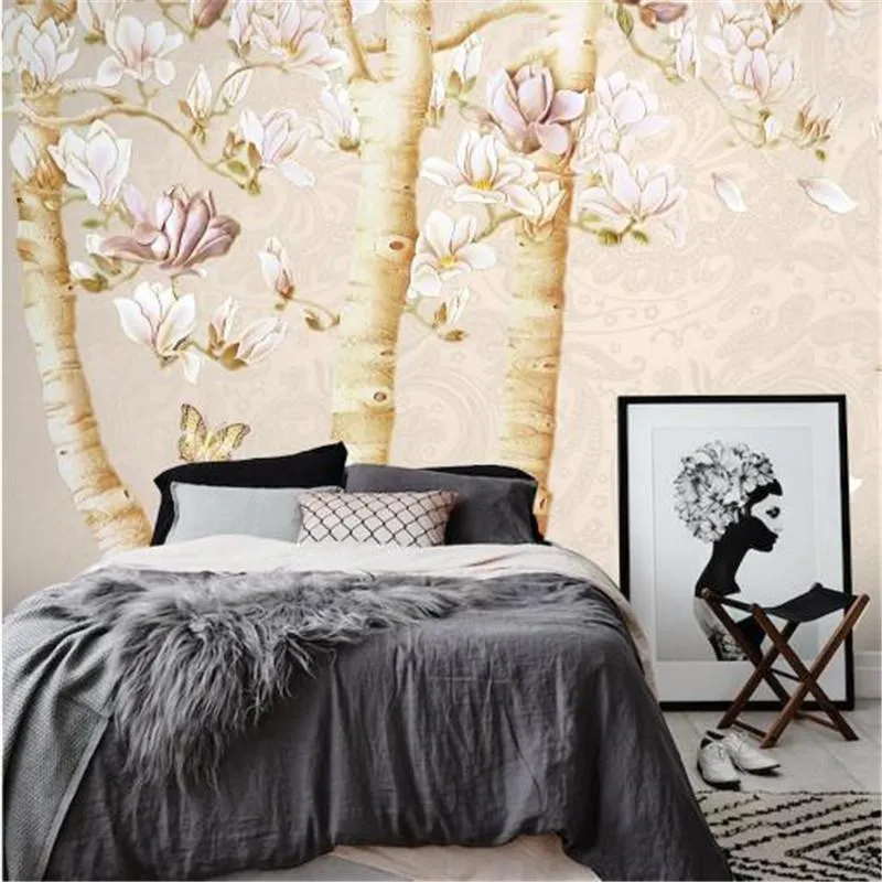 Bakgrundsbilder nordisk stil 3D retro icke-vävt väggpapper magnolia värdefull varma för vardagsrum