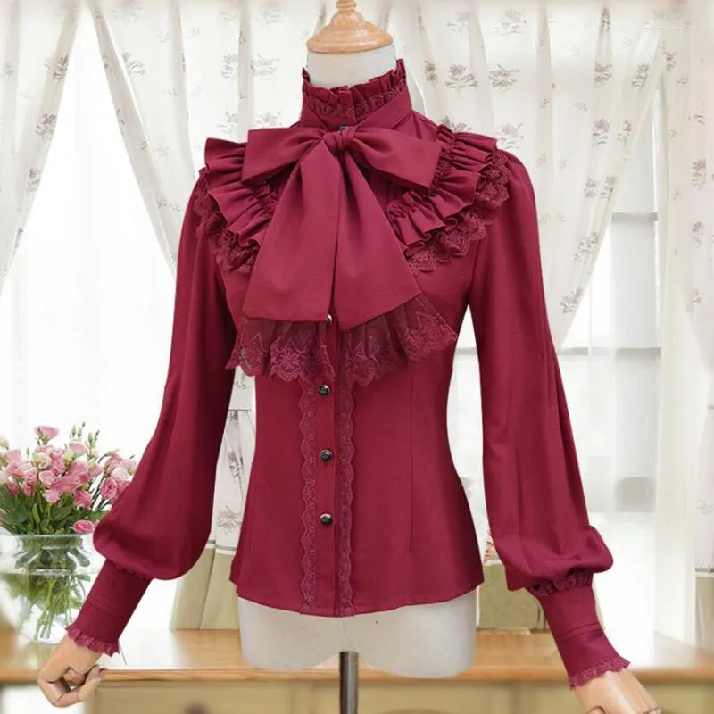 Camicette da donna Camicetta vintage vittoriana 2023 Estate Lolita Top Vino Rosso Nero Bianco Camicia a maniche lunghe in chiffon Donna Blusas Ufficio gotico