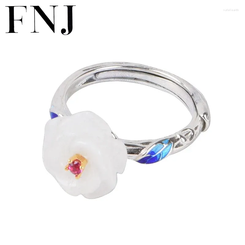 Cluster Rings FNJ Hetian Jade Flower Ring 925 Silver Original S925 Sterling for Women smycken Justerbar storlek