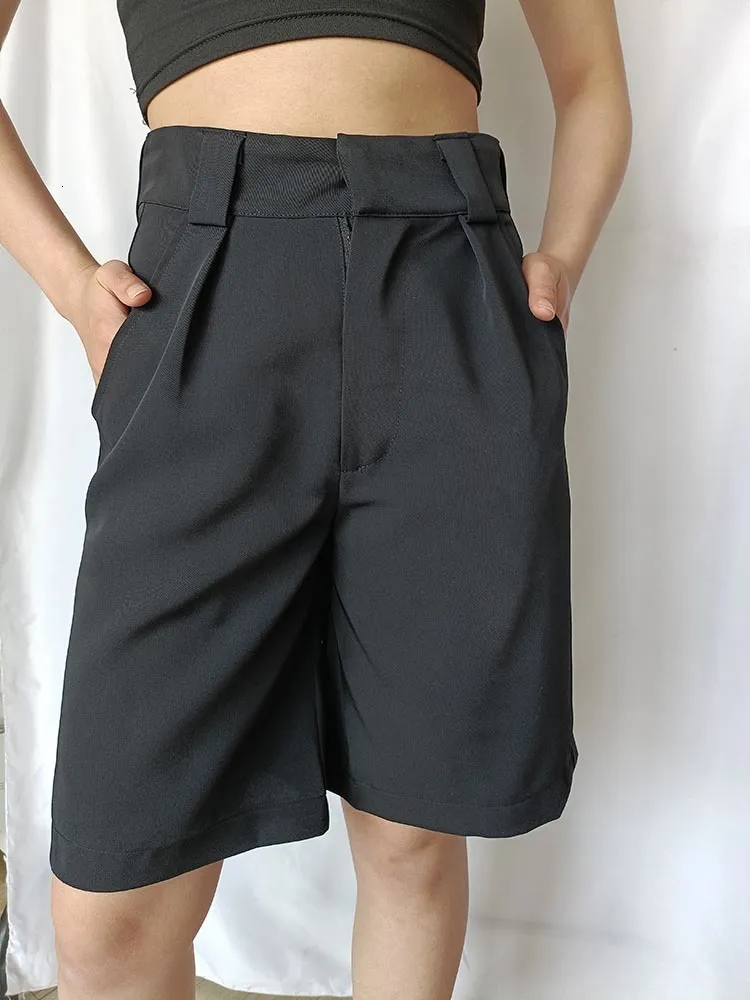 Zeagoo Damesshorts voor de zomer, elastische taille, hoge taille, bermudashorts, casual, brede pijpen, met zakken, Zwart, M