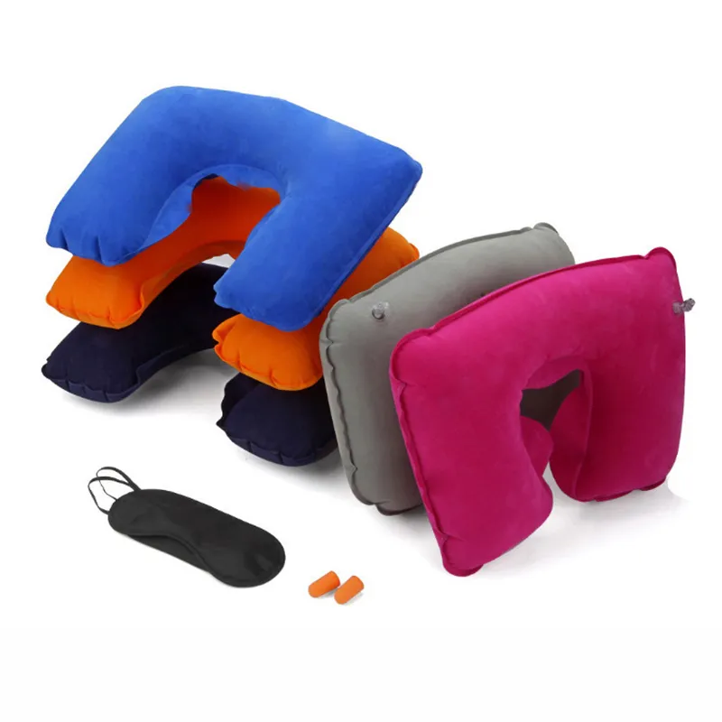 Bomboniera 3 in 1 Set da viaggio Gonfiabile a forma di U Cuscino per il collo Cuscino d'aria Maschera per gli occhi per dormire Visiera Tappi per le orecchie Set da viaggio portatile