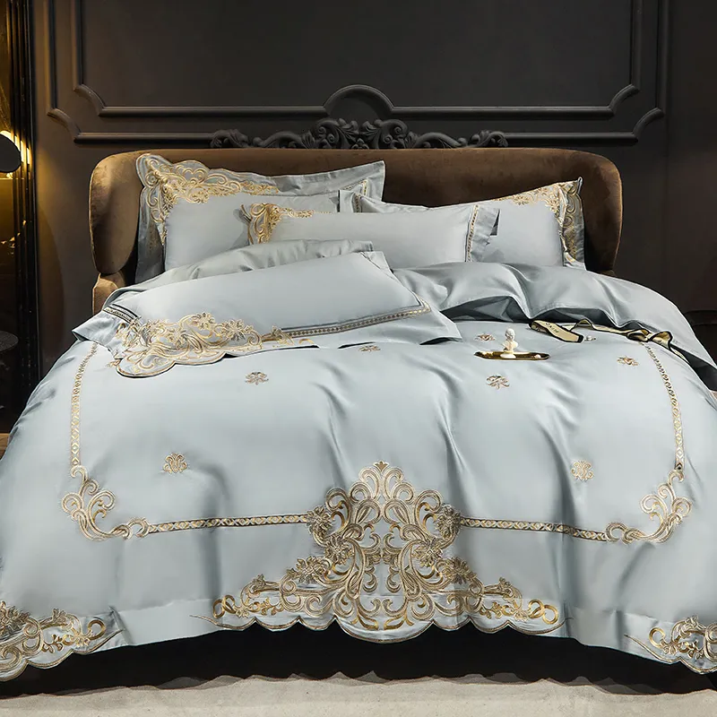 寝具セット豪華な1400TC天然エジプトの綿の金色の刺繍布団下の羽毛布団カバーリネンパッチ枕230410