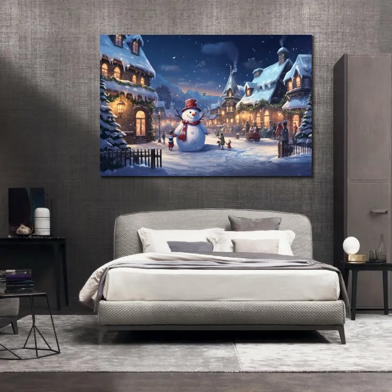 Toile d'art enneigée de nuit de noël, paysage de rue, conte de fées, image imprimée pour décoration murale de salon festif