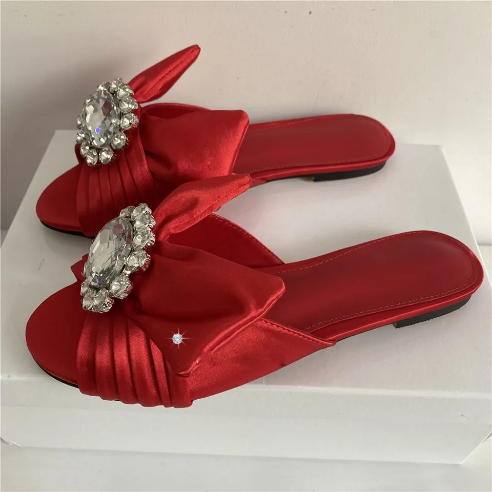 Luxury Satin Pleated Butterfly-Knot Lady Mules Sandals Sexy Open Toe Crystal Rhinestone Buckle Decor Flat Heel Slippers Women