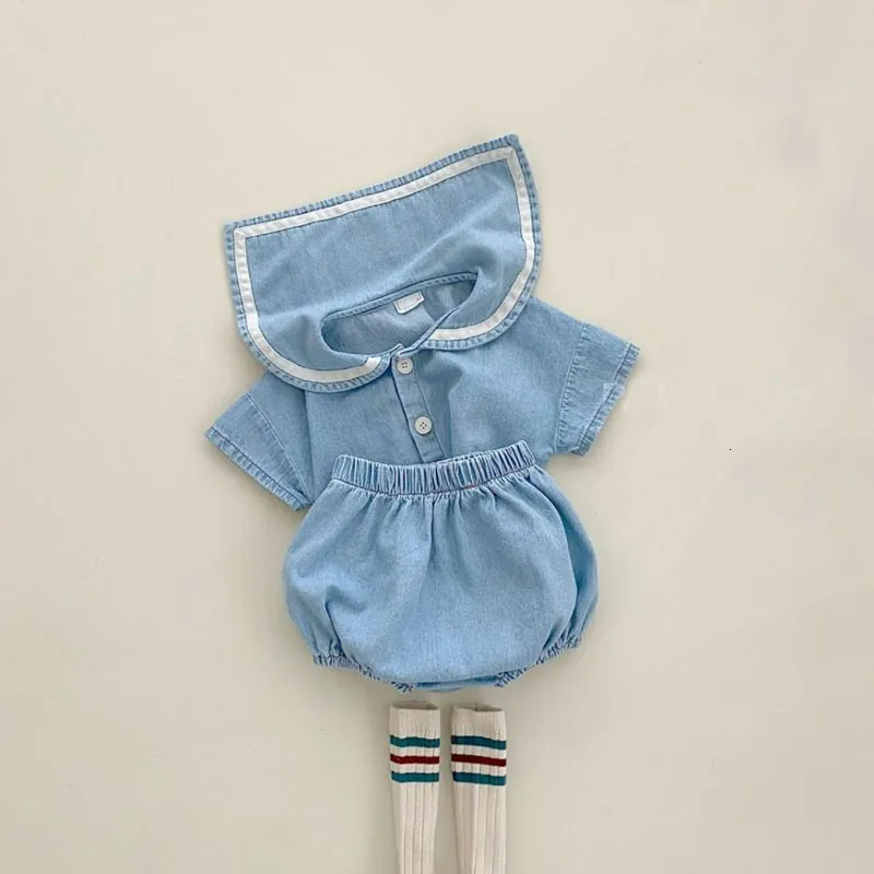 Ensembles de vêtements été bébé bleu marine col ensemble enfants filles à manches courtes Denim TopShorts 2 pièces mignon bébé garçon Denim ensemble 230410