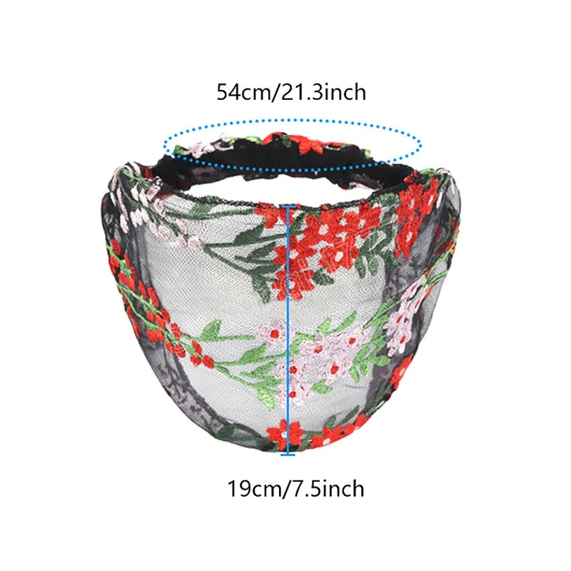 Kvinnliga etniska hårband Elastiska broderier spets blomma pannband chiffonghuvud wrap bezel för kvinnor kors knutna hårtillbehör