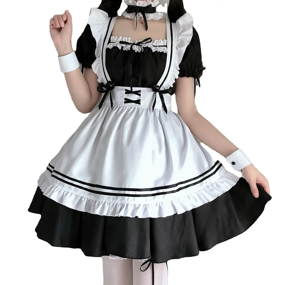 Costume à thème Robe tablier noir et blanc Anime japonais Costumes de femme de chambre Lolita mignons Filles Femme Serveuse Tenue de femme de chambre Robe de cosplay de femme de chambre française 230410