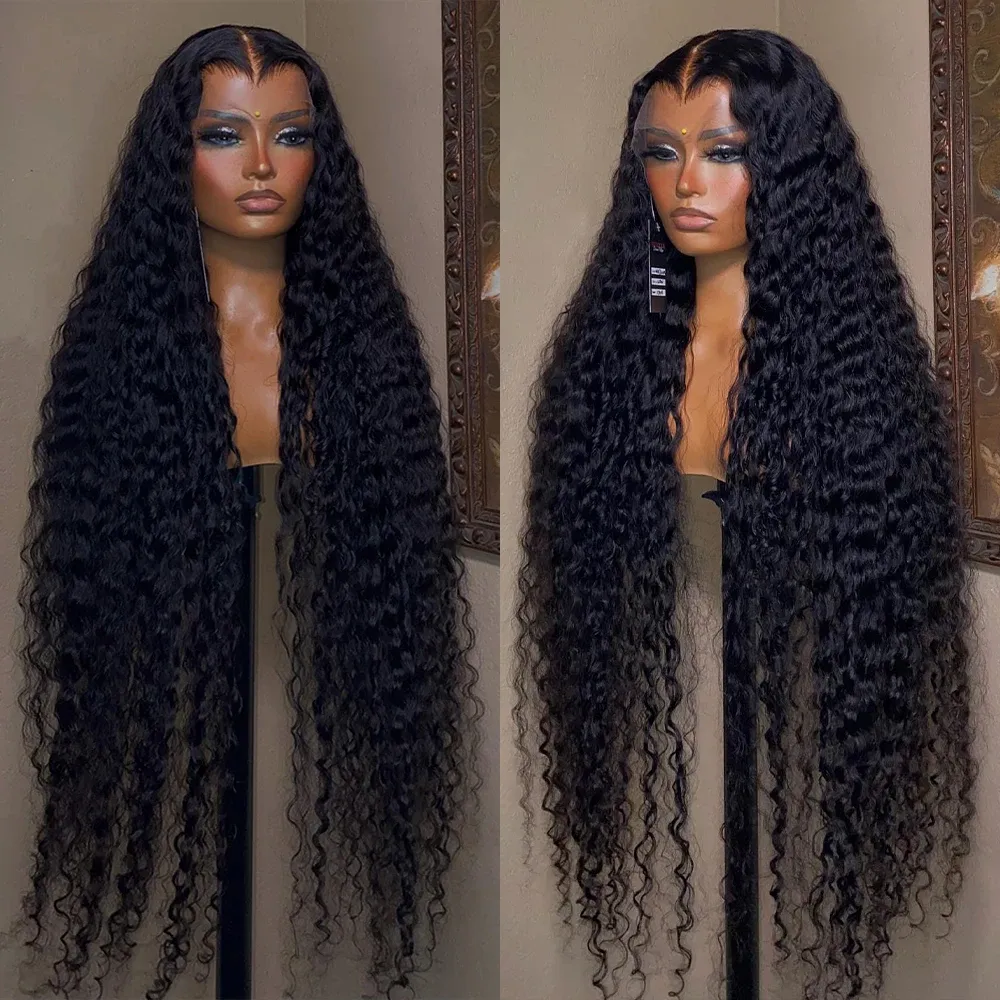 Perruque Lace Front Wig synthétique indienne bouclée HD, cheveux humains, sans colle, Deep Wave, humide et ondulée, 40 pouces, pour femmes noires