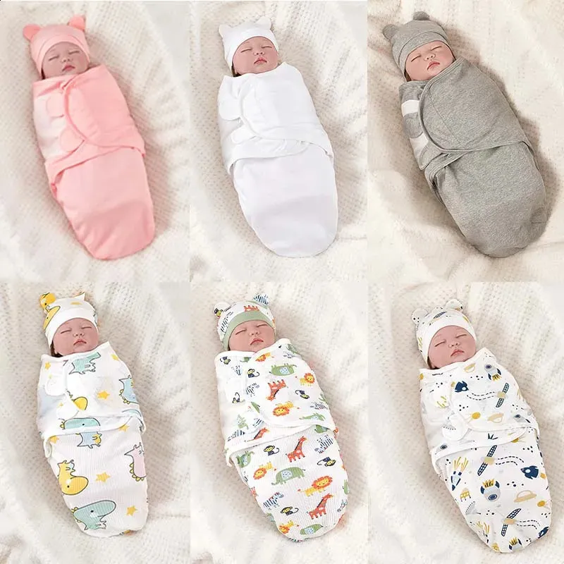 Sovsäckar född väska bomull baby swaddle wrap justerbar sömnsack hatt set anti kick varm mjuk filt 231109