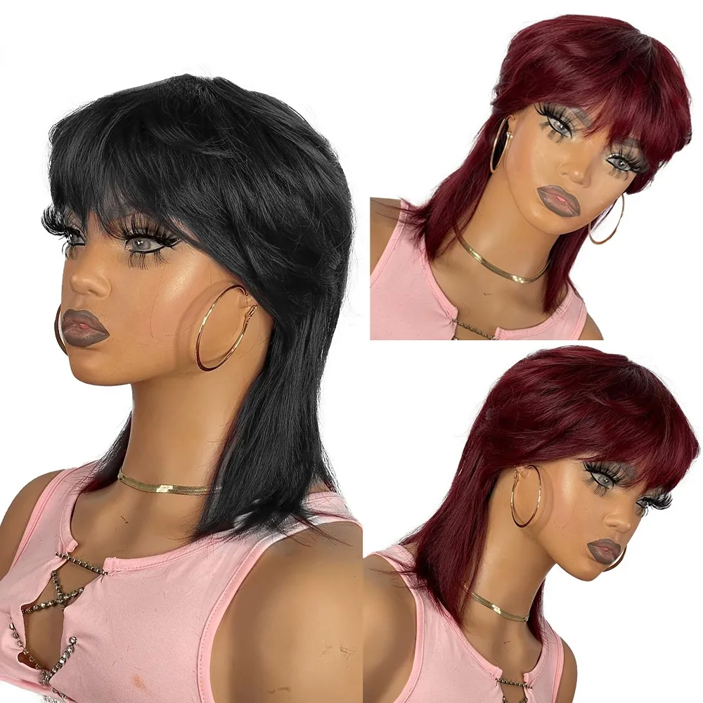 Colorida curta reta Bob Pixie Human Hair Wig com franja para mulheres Remy Hair Remy Red Wigs Red Red Borgonha