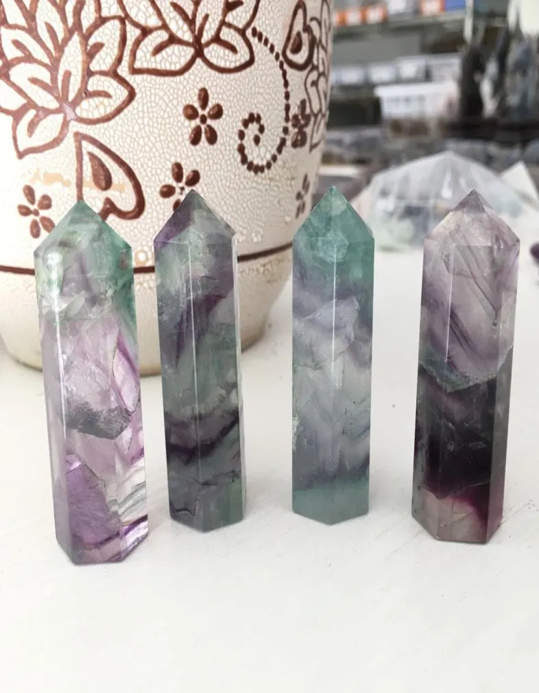 Whole 4pcs Natural purple green fluorite QUARTZ CRYSTAL WAND POINT Column Sceptres Pillar HEALING Reiki Chakra p1474594