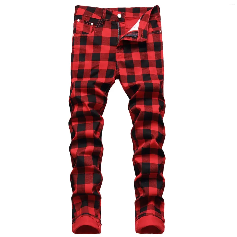 Men's Jeans Y2K Autumn Slim Fit Plaid Printed Hip Hop Streetwear Harajuku Red Fashion Stretch Cargo Denim Pants Ropa Hombres