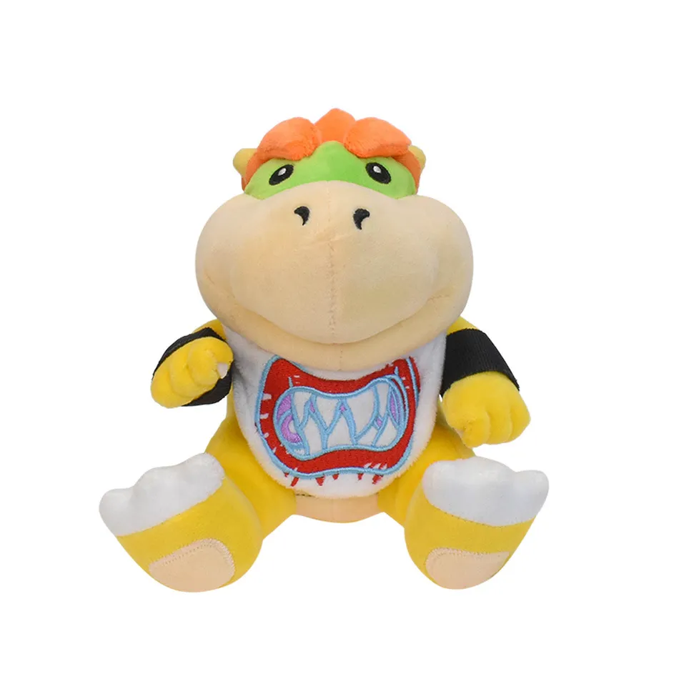 18 cm Mooie Bowser Jr Plush speelgoed Cartoon Gepakte dieren Baby Bowser Plushie Geel Zitting Borduurwerk Bib Plush Doll