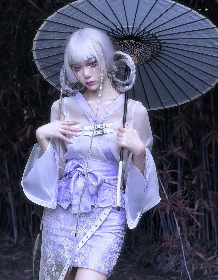 Casual Dresses Original Design Dobby Chinese Japanese Kimono Bow Tie Waist Long Flare Sleeve Dress Organza Set Purple Vestidos