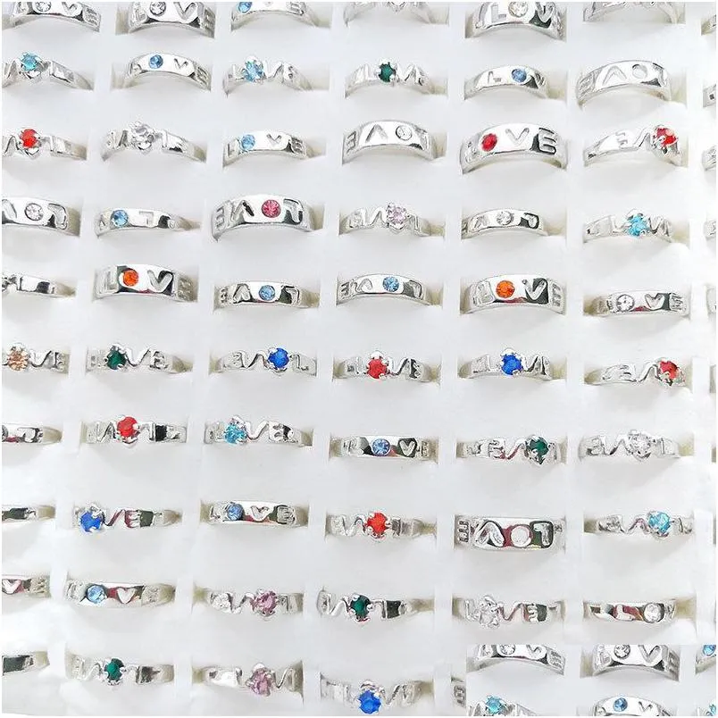 Band Rings 50ocs/Lot Fashion Simple Sier Plated Metal Colorf Diamond Love for Men Women Mix Style Party Gifts Jewelr Dhgarden Dhj0l