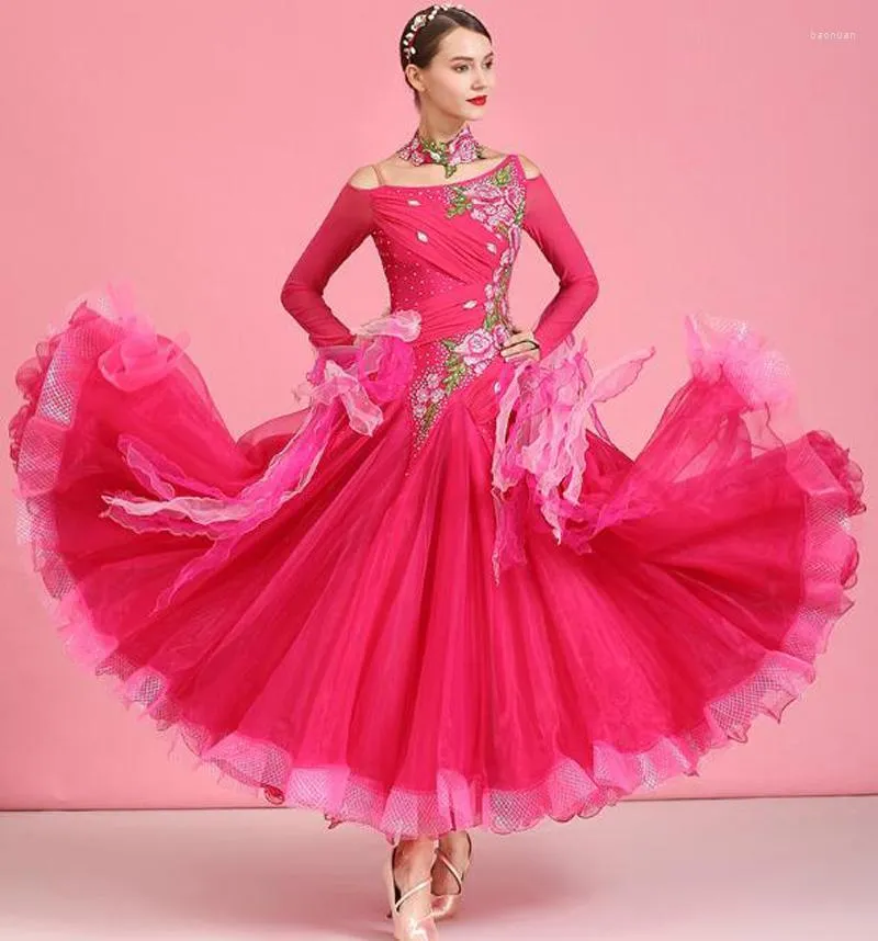 Stage Wear Adult Ballroom Competition Dance Dress 2023 Standard Dresses Women Rose Red Long Sleeve Tango Waltz Dancing Skirt