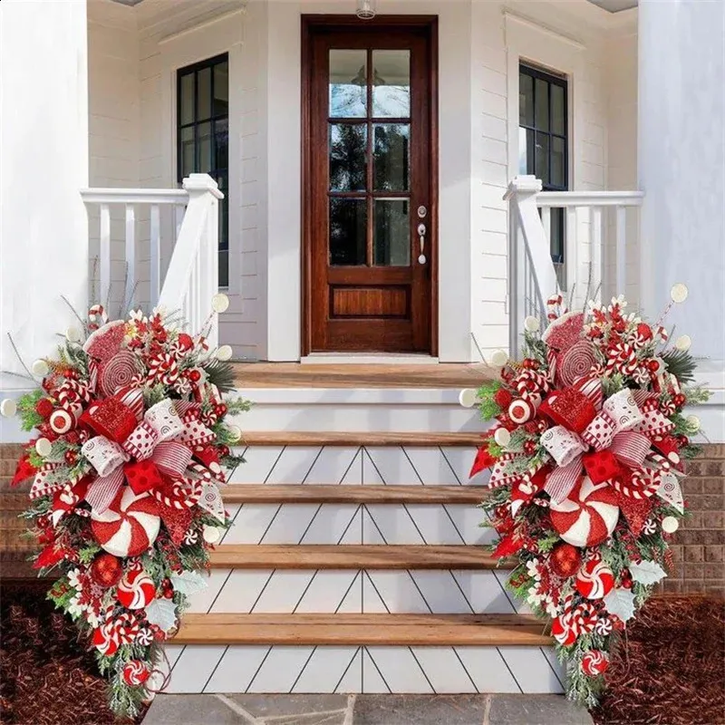 Decorative Flowers Wreaths 50cm Large Christmas Wreath Hanger For Front Door Fireplace Red Candy Cane Xmas Tree Garland Outdoor Home Decor 231109